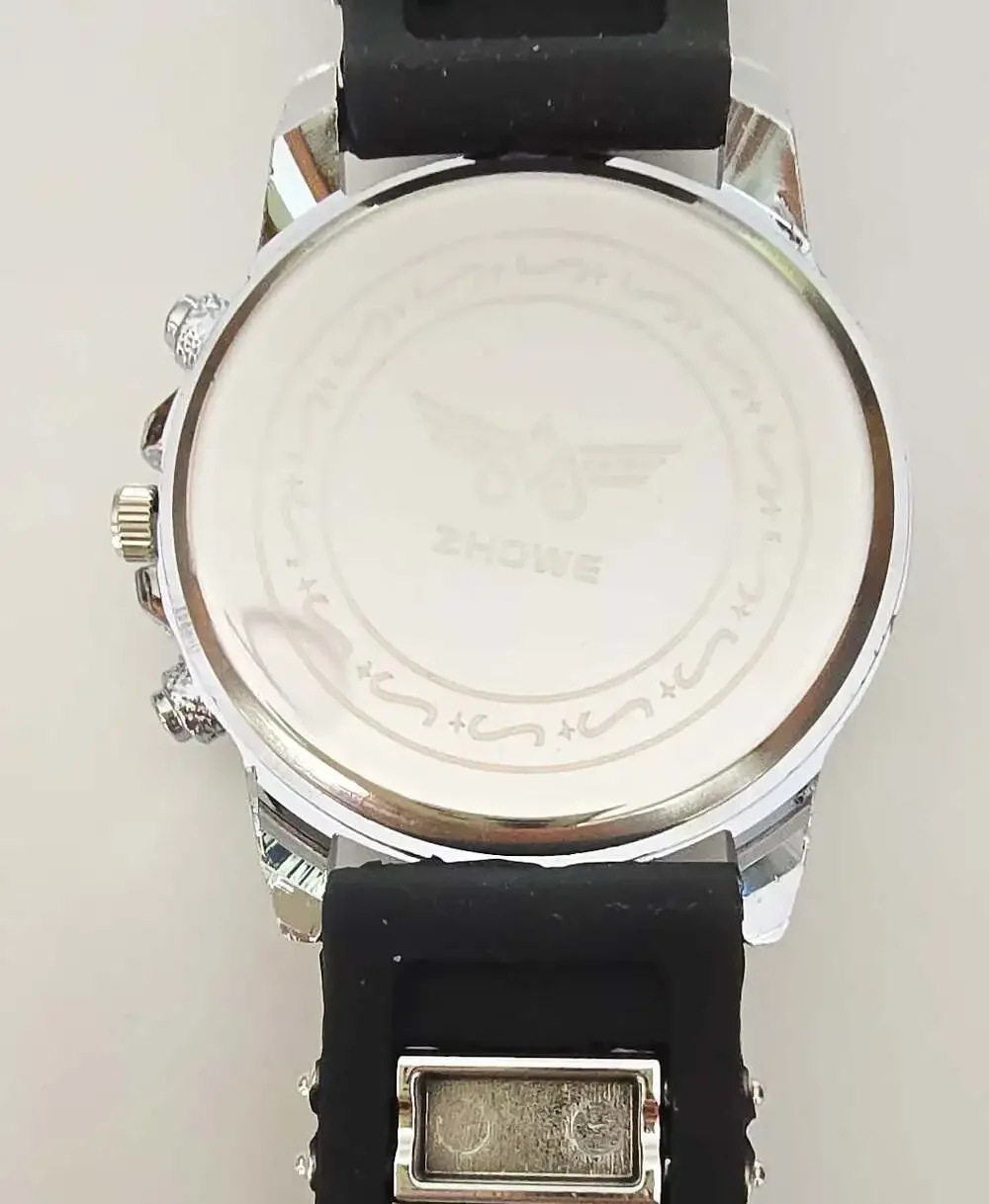 Zhowe men's silver-tone Quartz Chronograph style sports watch with black silicon